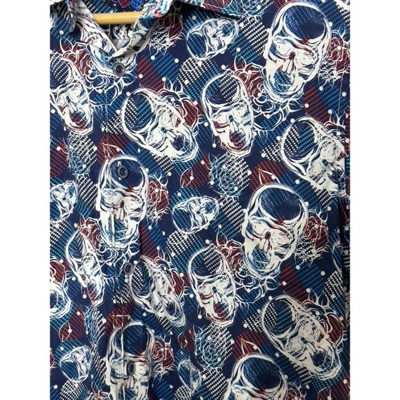 Robert Graham Classic Fit Blue SKULL Print Short Sleeve Button-Up Shirt Medium - Picture 3 of 7